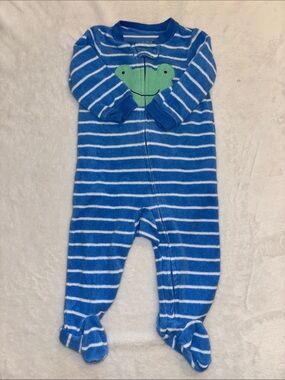 (2 for $10) carters Blue Striped Footed One-Piece with Green Frog Appliqué